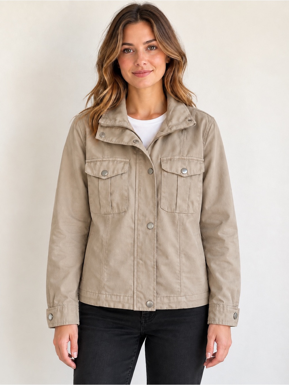 Women's Khaki Utility Jacket with Snap Pockets